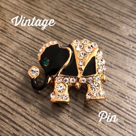 Vintage Black Enamel & Rhinestone Lucky Elephant Pin - Picture 1 of 13